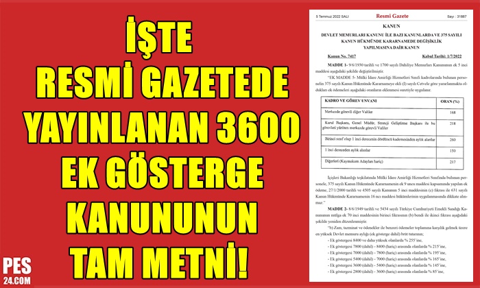İŞTE RESMİ GAZETEDE YAYINLANAN 3600 EK GÖSTERGE KANUNUNUN TAM METNİ!
